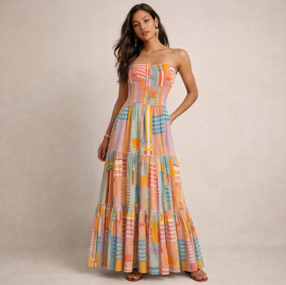 Anthropologie Patchwork ABEL THE LABEL Sz Small S Smocked Strapless Tiered DRESS